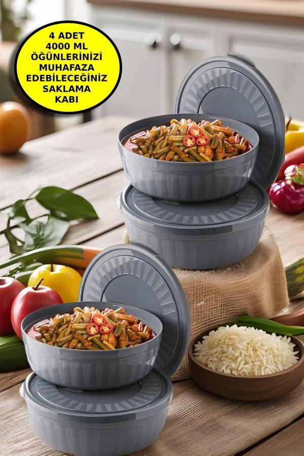 4 Adet Kapaklı Yuvarlak Saklama Kabı Seti - Kase Mikrodalga & Difriz Uyumlu 4 Lt Antrasit - Image 1