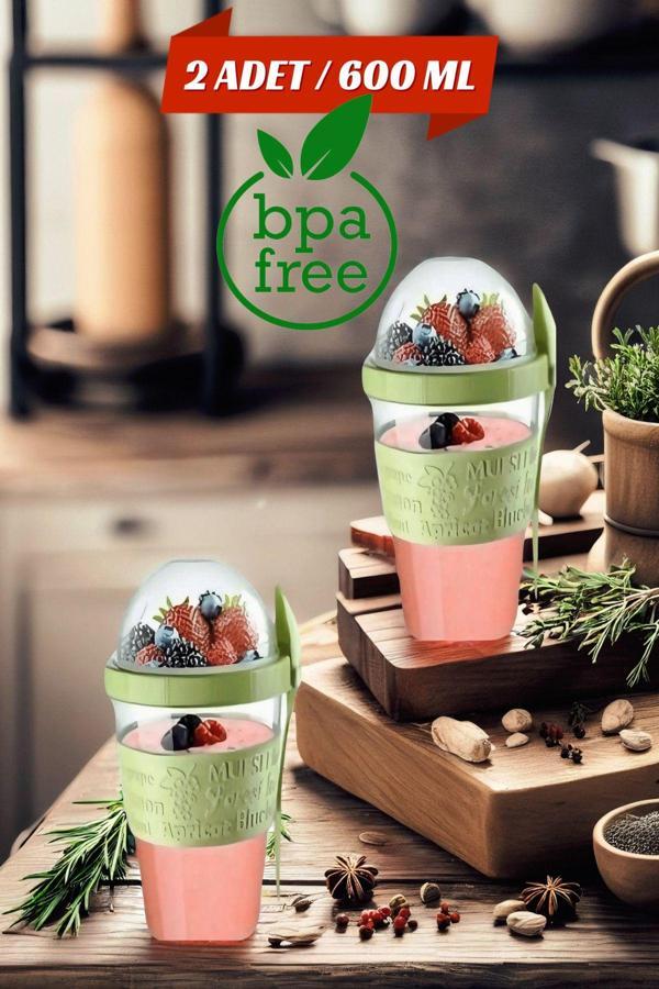 2 ADET Diyet & Kahvaltı için Çatal & Kaşıklı Kapaklı Yoğurt Müsli Salata Meyve Saklama Kabı - 600 ml - Image 1