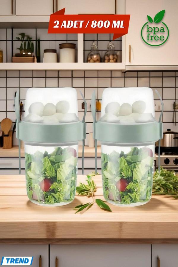 2 ADET Diyet & Kahvaltı için Çatal & Kaşıklı Kapaklı Yoğurt Müsli Salata Meyve Saklama Kabı - 800 ml - Image 1