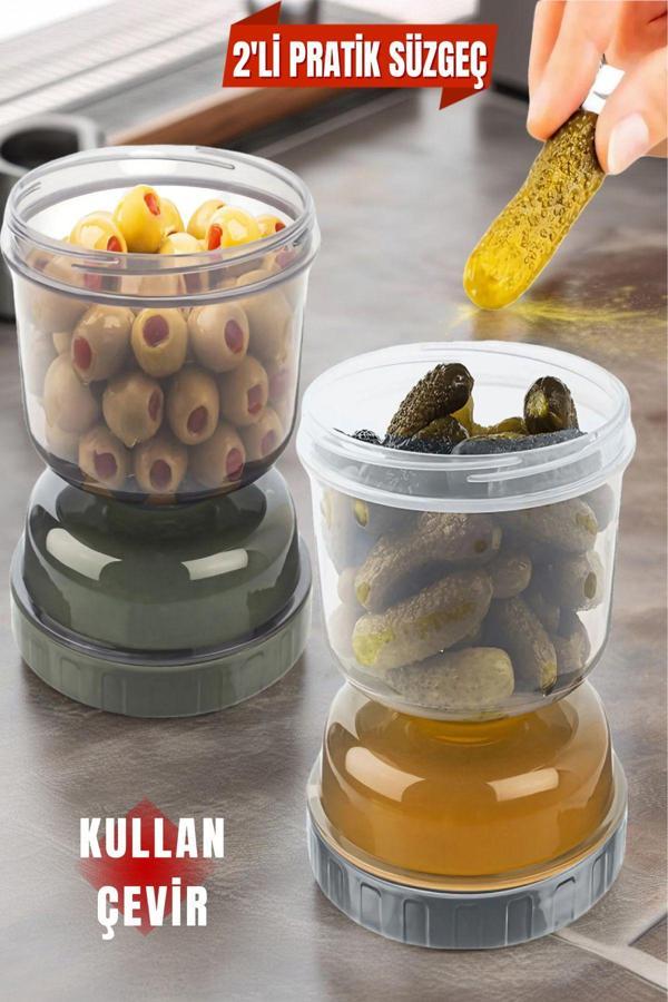 2 Adet Kum Saati Süzgeçli Zeytinlik - Zeytin Turşuluk Saklama Kabı Şeffaf -1 No - Image 1