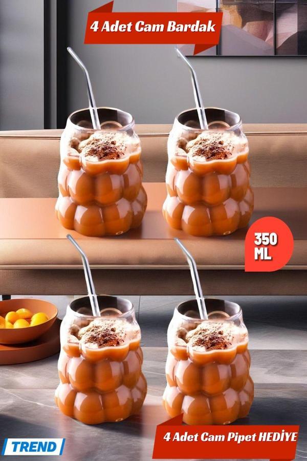 4 Adet Üzüm Model Borosilikat Kokteyl  Soğuk Sıcak Kahve Meşrubat Bardağı 4 Cam Pipet Hediye 350 ML - Image 1
