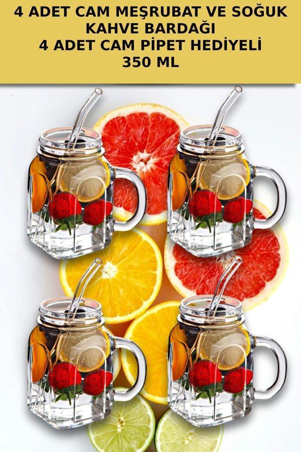 4'lü Kavanoz Bardak Pipet Hediyeli Set Model Kokteyl Soğuk Kahve Meşrubat Bardak Seti 350 ml - Image 1
