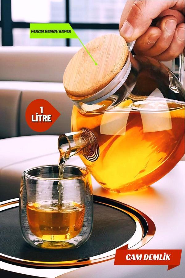 Vakumlu Bambu  Kapaklı-Isıya Dayanıklı Borosilikat Cam Demlik, Süzgeçli (1000 ML) - Image 1