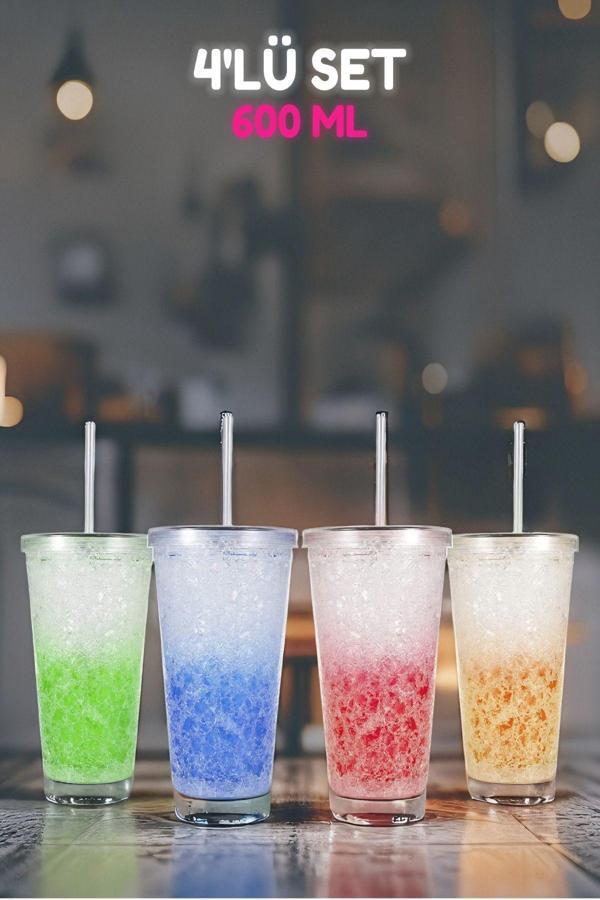 4'lü Pipetli Cool Bardaklar, Soğuk Kahve, Meşrubat, Kokteyl Bardakları - Image 1