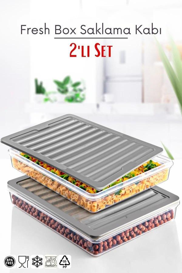 2 Li Set Freshbox Mikrodalga Ve Difrize Uygun Saklama Kabı Gri - Image 1