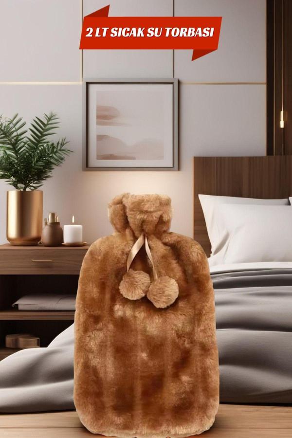2 Litre Ponponlu Yumuşak Peluş Sıcak Su Torbası Açık Kahve - Image 1