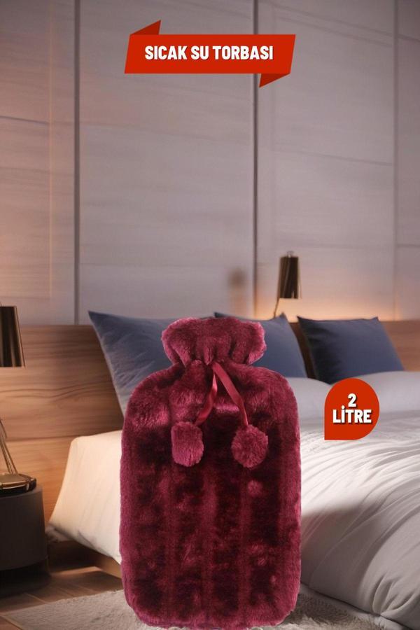 2 Litre Ponponlu Yumuşak Peluş Sıcak Su Torbası Fuşya - Image 1