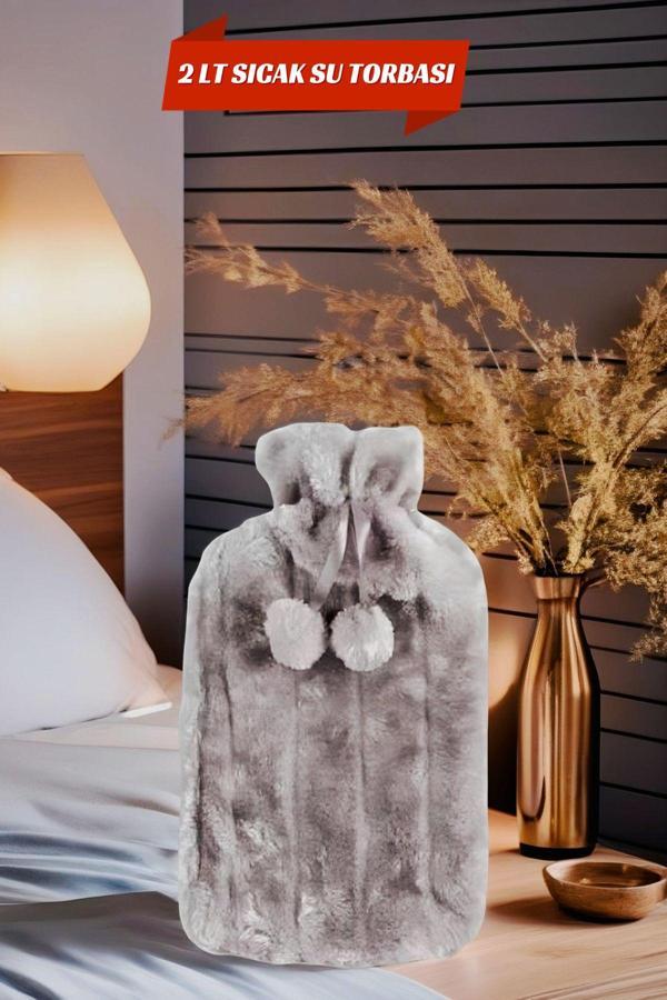 2 Litre Ponponlu Yumuşak Peluş Sıcak Su Torbası Gri - Image 1