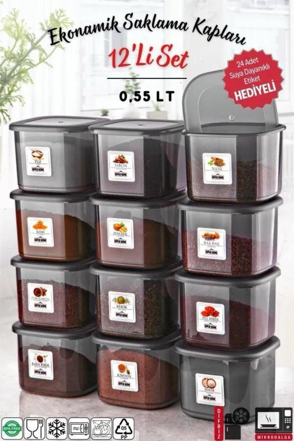 Etiketli 12 Adet 550 Ml Ekonomik Kırılmaz Antrasit Saklama Kabı - Image 1
