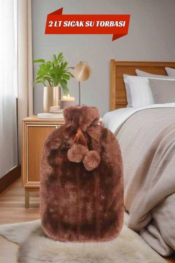 2 Litre Ponponlu Yumuşak Peluş Sıcak Su Torbası Kahverengi - Image 1
