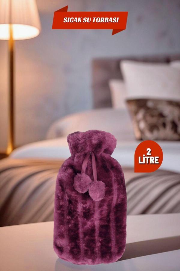 2 Litre Ponponlu Yumuşak Peluş Sıcak Su Torbası Mor - Image 1