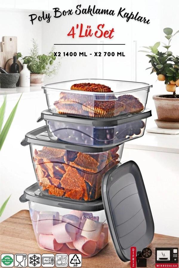 4'Lü Set Kare Mikrodalga & Difriz Uyumlu Poly Saklama Kabı X2 0,7 Lt / 1,4 Lt - Image 1