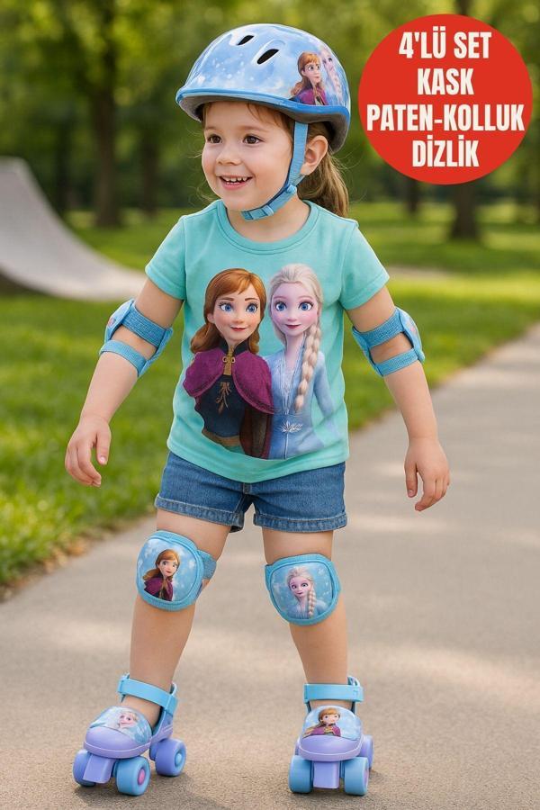 Frozen Çantalı Kasklı, Dizlik ve Dirseklikli 4 Teker Paten Seti-Mor-22-29 Numara için Ayarlanabilir - Image 1