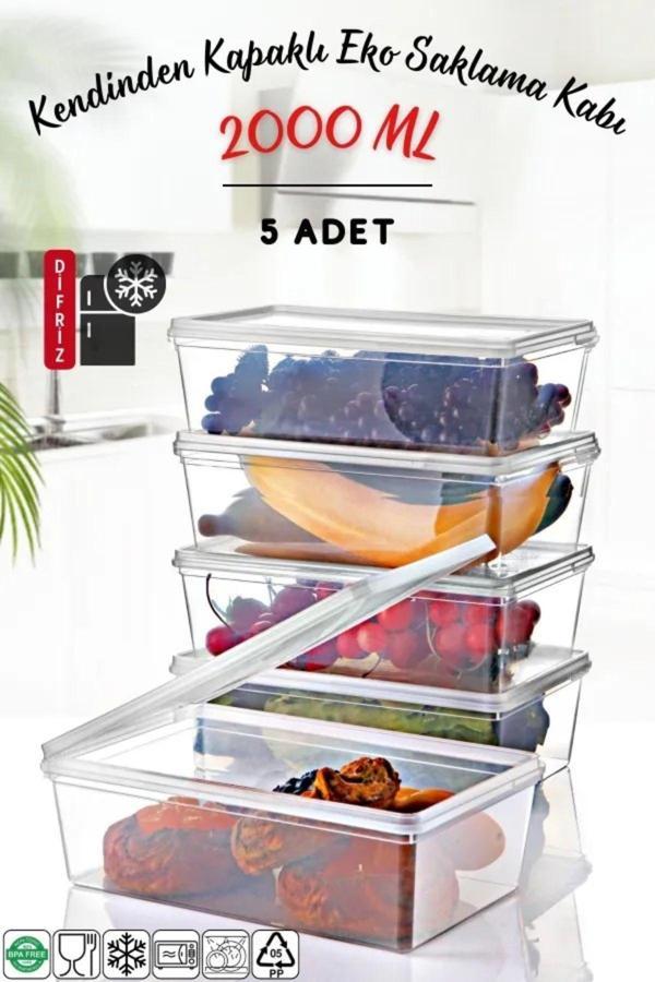 5 Adet Piknik Kamp Seyahat Saklama Kutusu | Dikdörtgen Kendinden Kapaklı Saklama Kutusu 2 Lt - Image 1