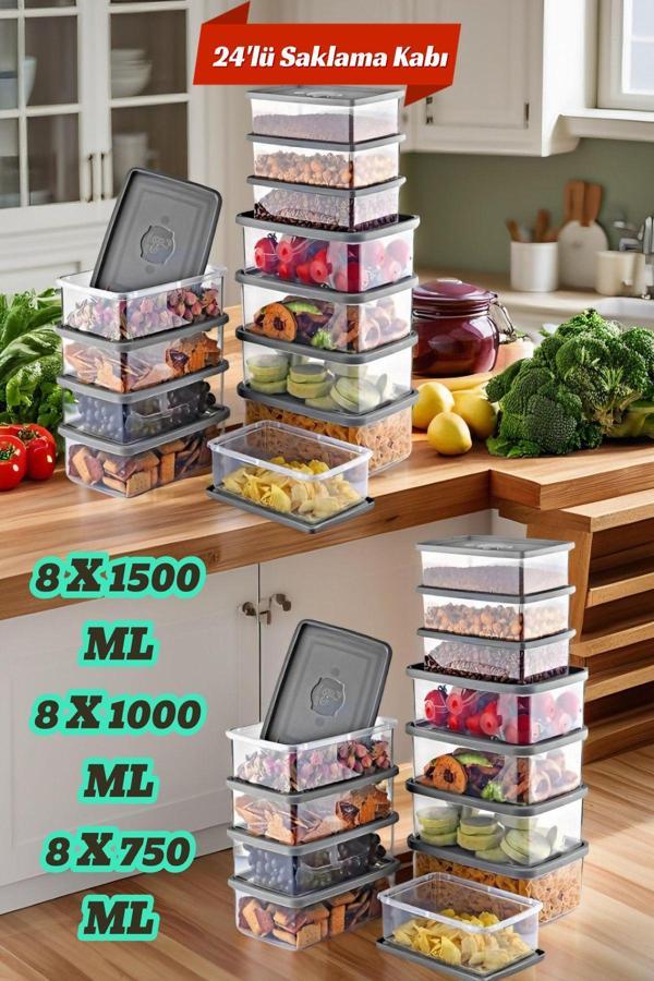 24'Lü Set Dikdörtgen Mikrodalga & Difriz Uyumlu Saklama Kabı X8 0,75 Lt/1 Lt/1,5 Lt - Image 1