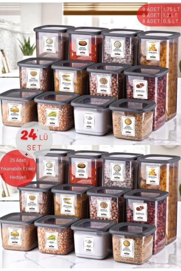 24'lü Set Etiketli, Kırılmaz Kare Erzak Saklama Kabı Antrasit X8 1,75 Lt/1,2 Lt/0,5 Lt - Image 1