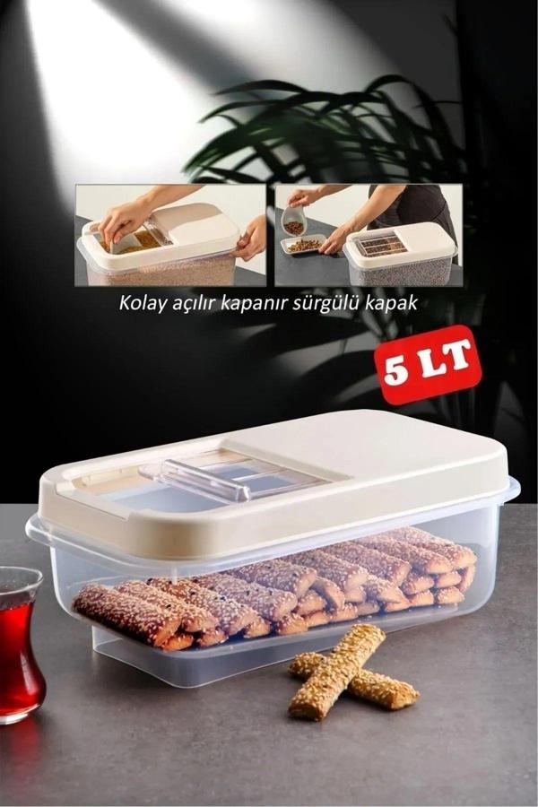 5 lt Bakliyat Saklama Kabı - Kayar Kapaklı Erzak Saklama Kabı Un Kabı Krem Multi Box - Image 1