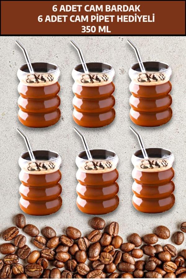 6 Adet Boğumlu  Borosilikat Kokteyl  Soğuk Sıcak Kahve Meşrubat Bardağı 6 Cam Pipet Hediye 350 ML - Image 1