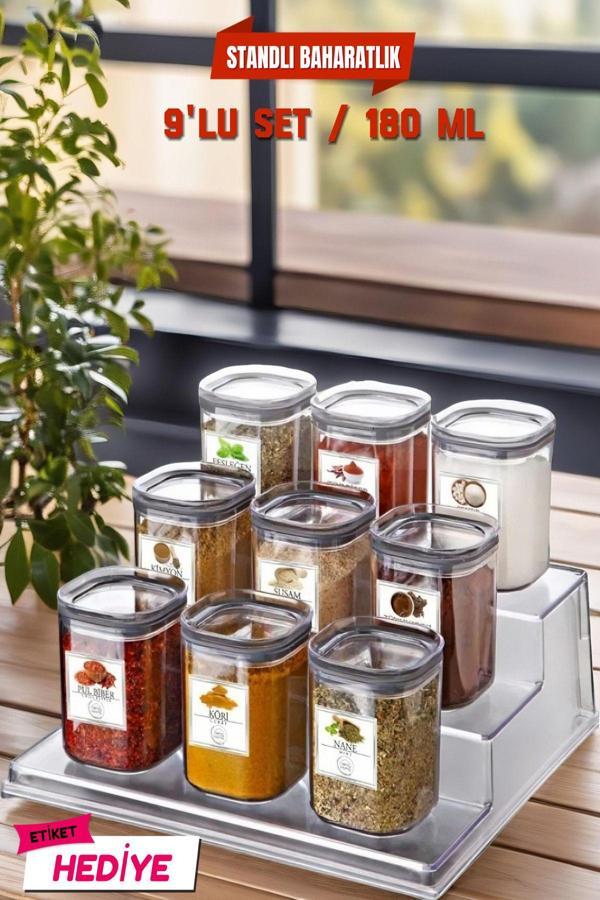 Stantlı, Etiketli 9'lu Kare Baharat Saklama Kabı ŞEFFAF - Image 1