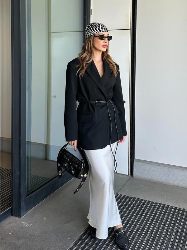Oversize Kuşaklı Blazer Ceket Siyah - Image 1