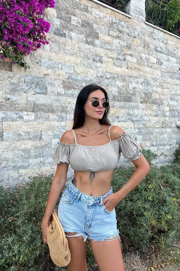 Omuzdan Baglamalı Crop Bluz - Image 1