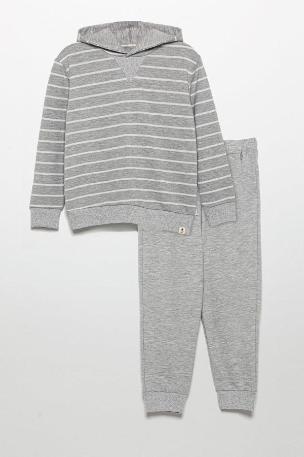 Kalın Çizgili Kapişonlu Jogger Gri Alt Üst Takım - Image 1