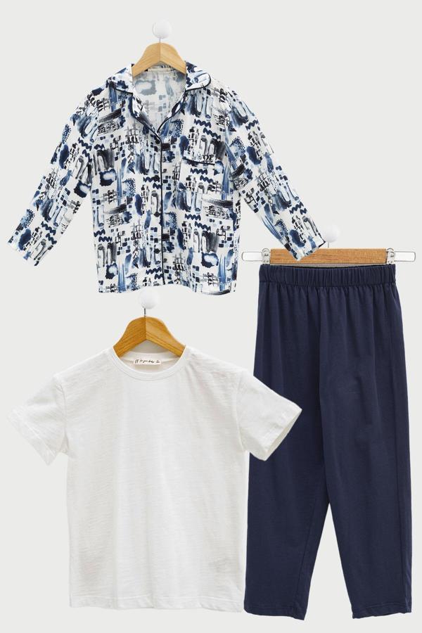 3'lü Ara Biyeli Tshirt Pantolon Ekru Pijama Takımı  - Image 1