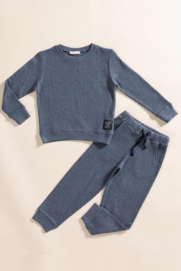 2'li Pamuk Waffle Sweat Jogger İndigo Alt Üst Takım - Image 1