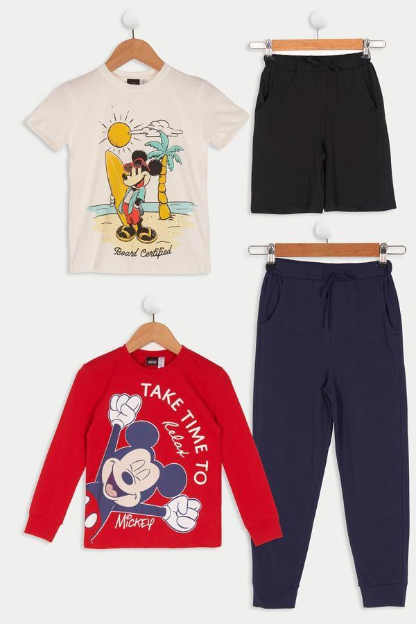 4'lü Mickey Mouse Baskılı Bej Tshirt Şort Pantolon Takım - Image 1