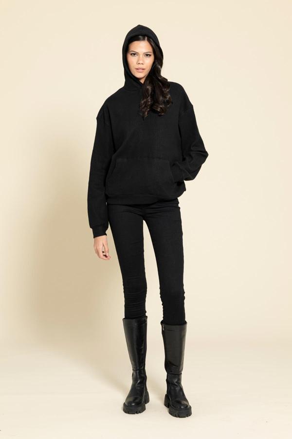 Oversize Kanguru Cepli Siyah Sweatshirt - Image 1