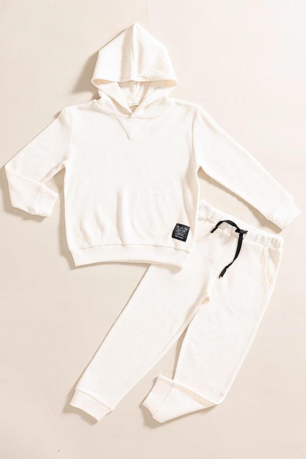 2'li Kapişonlu Ekru Waffle Sweat Jogger Alt Üst Takım - Image 1