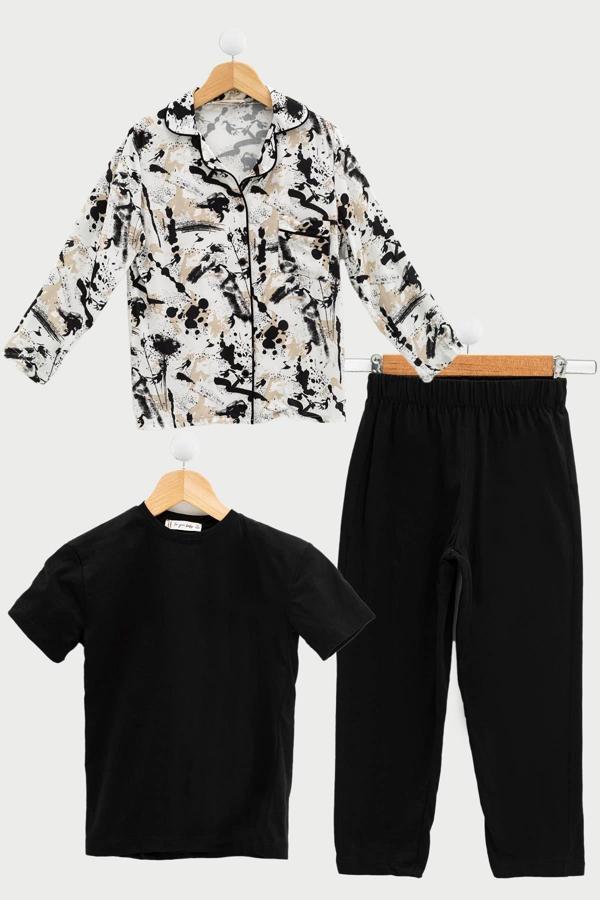 3'lü Ara Biyeli Tshirt Pantolon Siyah Pijama Takımı - Image 1