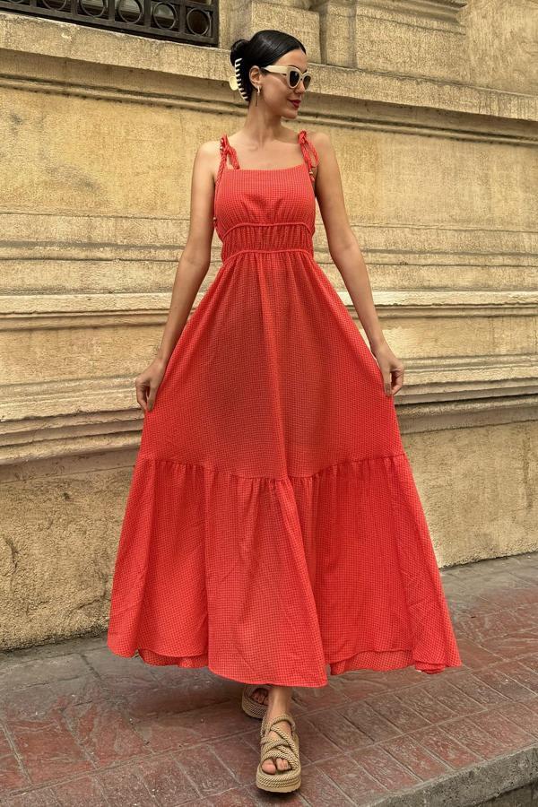 Askılı Gipeli Gofre Uzun Turuncu Elbise - Image 1