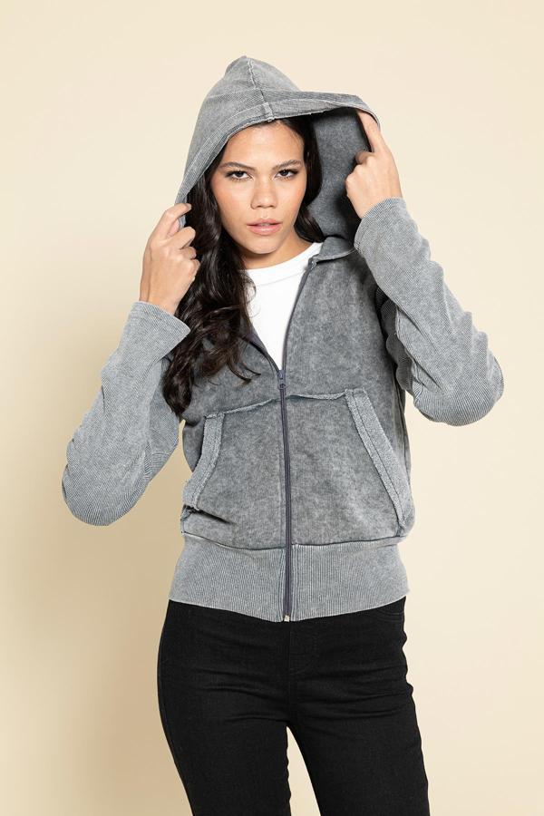 Yıkamalı Fermuarlı Kapişonlu Gri Sweatshirt - Image 1