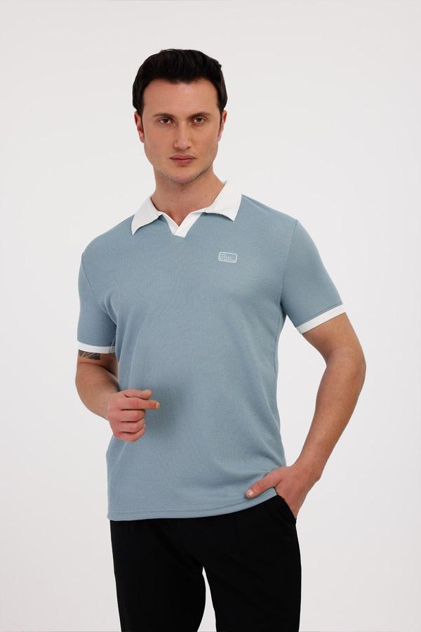 GALAXY Polo Yaka Pamuklu Tişört - Mavi - Image 1