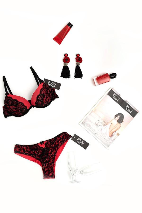 Dantelli Destekli Kırmızı Sütyen Takımı - Image 1