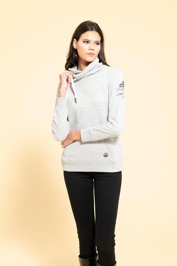 Yaka Kordon Detaylı Kanguru Cep Gri Sweatshirt - Image 1