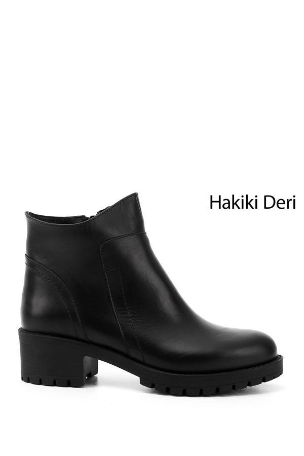 Kadın Siyah Fermuarlı Kalın Topuklu Hakiki Deri Bot - Image 1