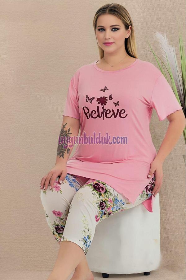 Quilling Pembe Renk Ve Çiçek Desenli Lady 10724 Kadın Kaprili Büyük Beden Pijama Takımı - Image 1