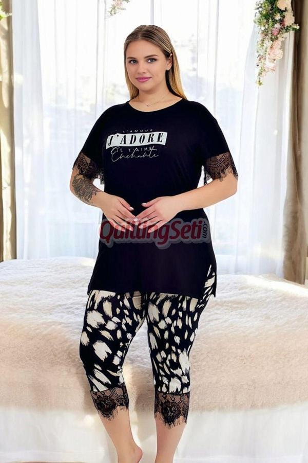 Quilling Siyah Renkli Ve Desenli 10726 Pamuklu Büyük Beden Tayt Ve Kapri Anne Pijama Takımı - Image 1