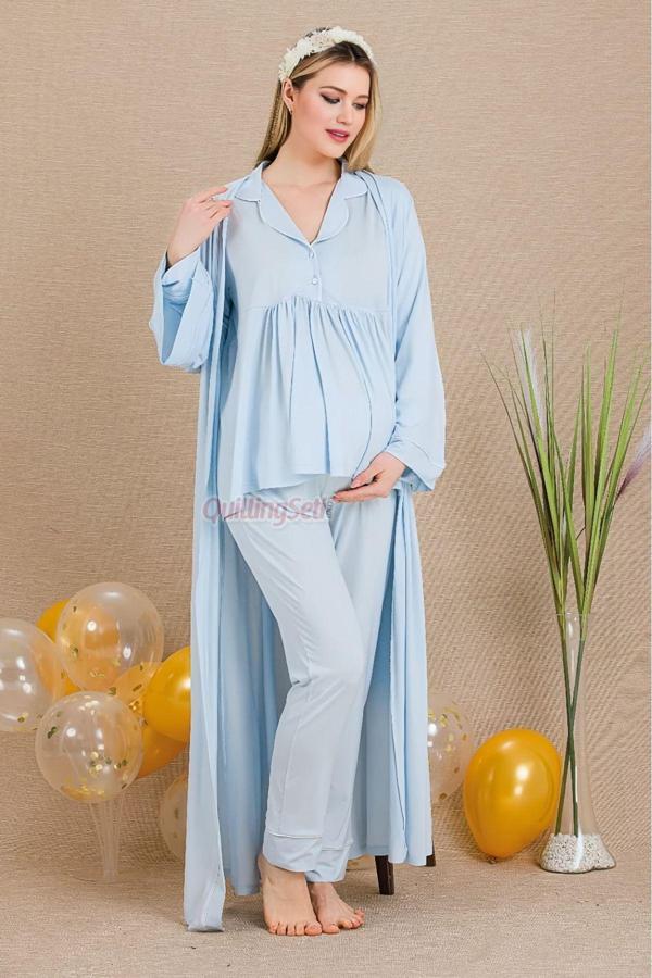 Quilling Mavi Renkli Ve Derin Patlı Lady 3301 Kısa Kol Sabahlıklı Hamile Pijama Takımı - Image 1
