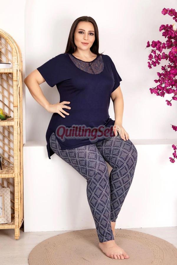 Quilling Lacivert Renk Ve Desenli Lady 10973 Battal Büyük Beden Anne Pijama Takımı - Image 1
