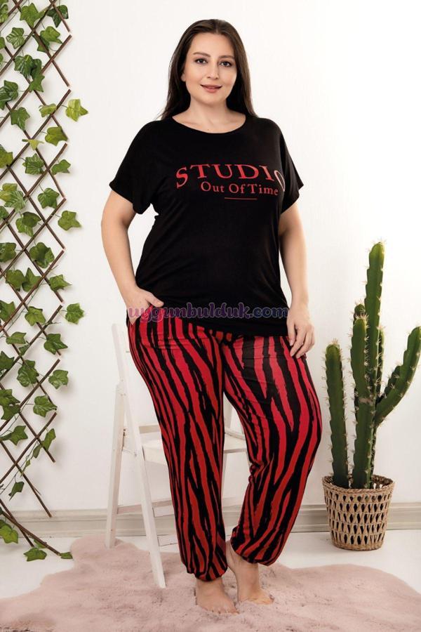 Quilling Kırmızı - Siyah Renk Zebra Desenli Lady 10958 Büyük Beden Anne Pijama Takımı - Image 1