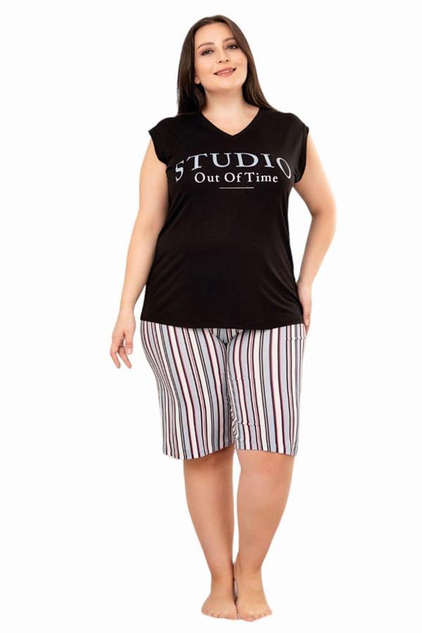 Quilling Siyah - Beyaz Renk Büyük Beden Lady 10402 Kadın Şortlu Pijama Takımı - Image 1