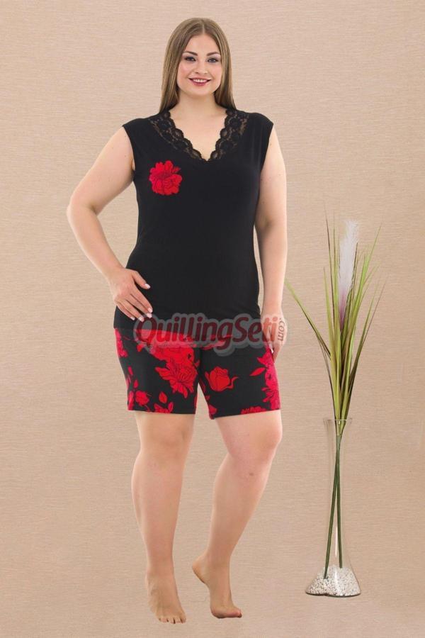 Quilling Siyah Renk Büyük Beden Lady 10371 Kadın Şortlu Pijama Takımı - Image 1