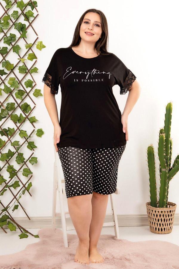 Quilling Rahat Ve Şık Lady 10406 Siyah, Desenli Büyük Beden Kadın Pijama Takımı - Image 1