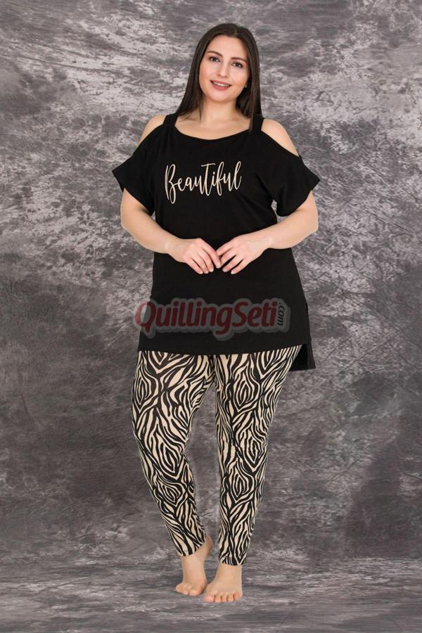 Quilling Siyah Renk Zebra Desenli Lady-10758 Kadın Kısa Kol Büyük Beden Anne Pijama Takımı - Image 1