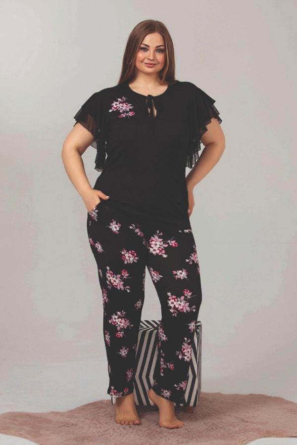 Quilling Siyah Renk Çiçek Desenli Lady-10852 Kadın Kısa Kol Büyük Beden Pijama Takımı - Image 1