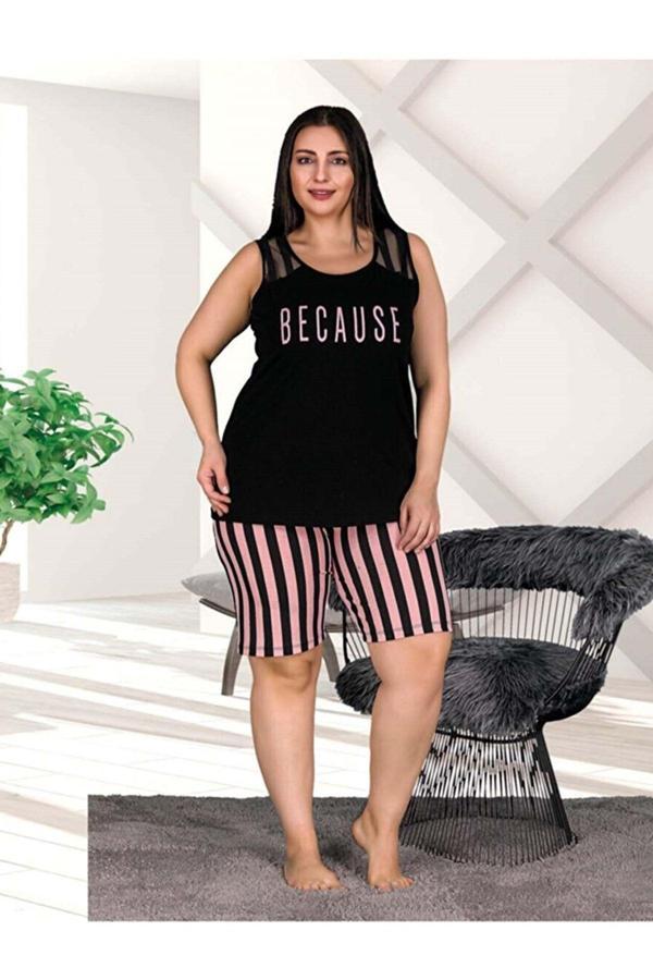 Quilling Pembe-Siyah Renk Büyük Beden Lady 10304 Kadın Şortlu Pijama Takımı - Image 1