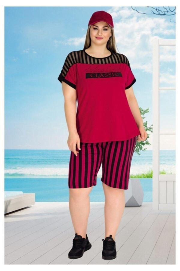 Quilling Kırmızı Renk Büyük Beden Şortlu Pijama Takımı Lady 10328 Battal Şortlu Pijama Takımları - Image 1